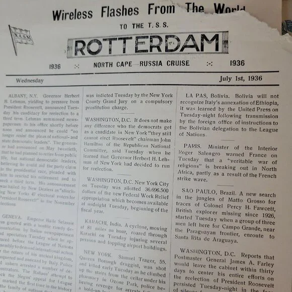 1938 T.S.S. Rotterdam North Cape Russia Cuise Itenerary Ship's Program Journal